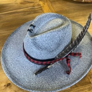 Gray Fedora Hat with Feather and Red Plaid Band